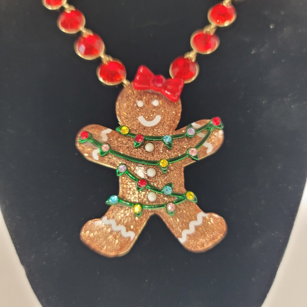 Betsey Johnson Gingerbread Girl Necklace & Earrings w/ red & green rhinestones - Picture 3 of 13